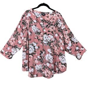 Torrid Harper Challis Button Front Blouse Top Crop Sleeve Pink Floral Size 1 1X